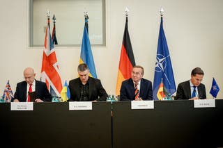 Ukrainian defence minister Mykhailo Fedorow, chief of defence of the German Armed Forces Carsten Breuer, and Nato secretary general Mark Rutte, and Britain's defence secretary John Healey attend a meeting of the Ukraine Defence Contact Group at the Federal Ministry of Defence in Berlin, Germany